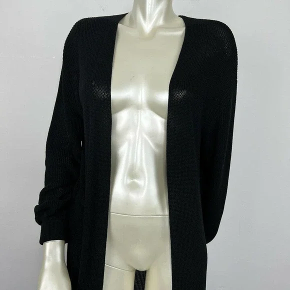 Free People Beach Long Duster Cardigan Small Black Knit Open Front Boho - Picture 3 of 12